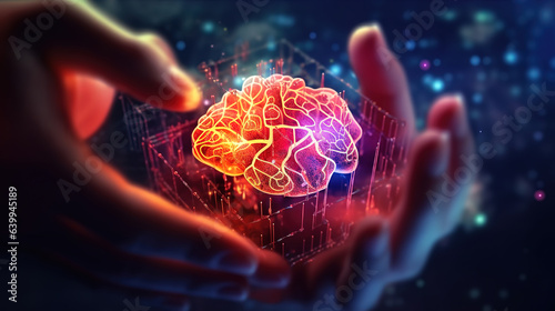 Hands of artificial intelligence touching a brains. Generative Ai