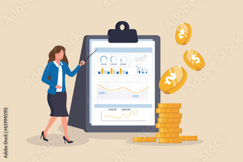 Financial or business profession concept. Business character making financial operation. Economist, financier, broker, accountant, trader, tax inspector, commercial director. Vector illustration