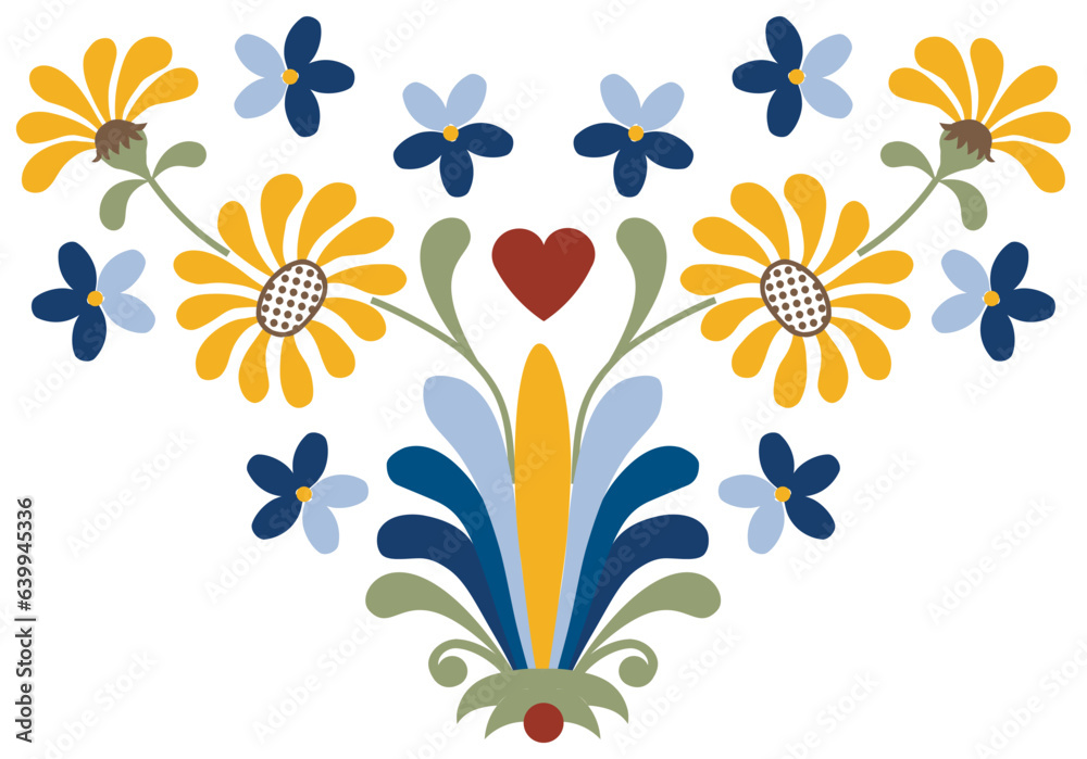 Kashubian floral heart design with palmeta, margaretka, and fioletki - obrazy, fototapety, plakaty 
