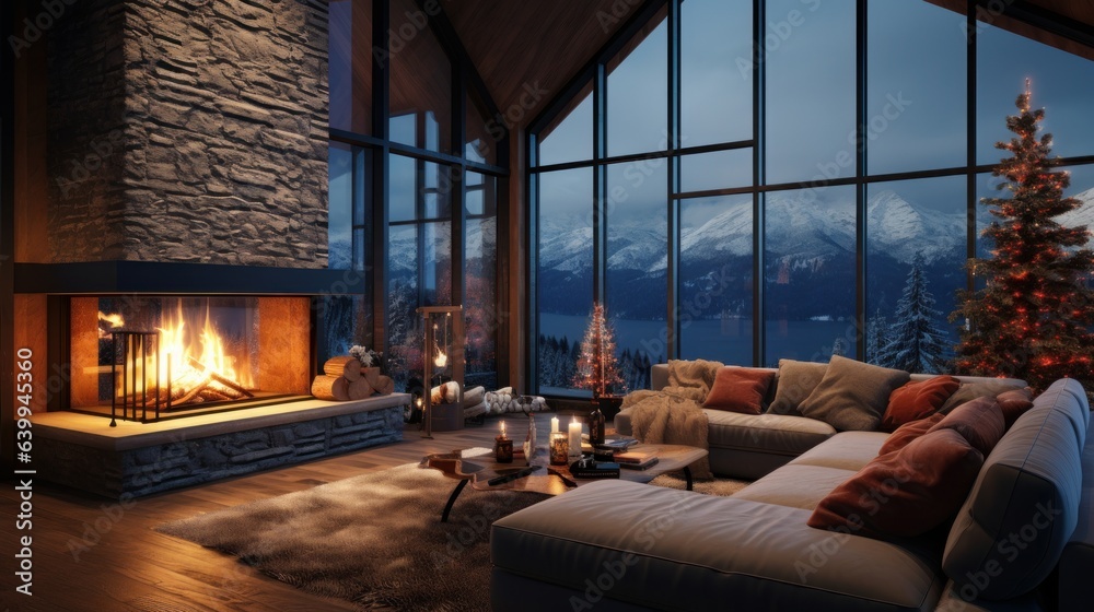 Interior of cozy living room in modern minimalist cottage with Christmas decor. Blazing fireplace, burning candles, elegant Christmas tree, comfortable couch, panoramic window with mountains view. Interior of cozy living room in modern minimalist cottage with Christmas decor. Blazing fireplace, burning candles, elegant Christmas tree, comfortable couch, panoramic window with mountains view.