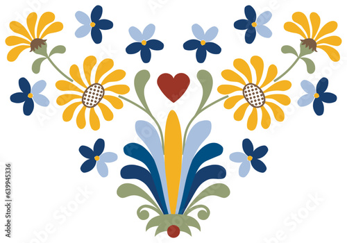 Kashubian floral heart design with palmeta, margaretka, and fioletki