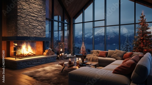 Interior of cozy living room in modern minimalist cottage with Christmas decor. Blazing fireplace, burning candles, elegant Christmas tree, comfortable couch, panoramic window with mountains view. © Georgii