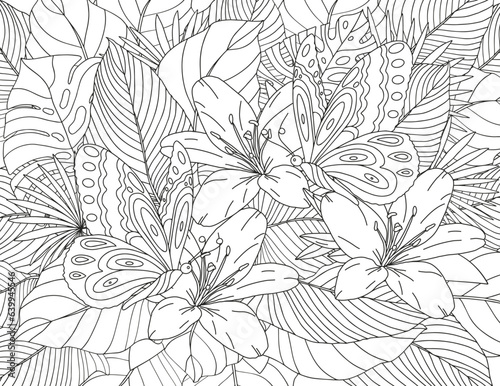 Coloring page of tropical flowers and leaves. Antistress for adults and children.