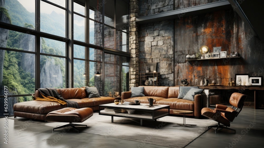 Rustic open space living area interior in luxury apartment. Stone wall, vintage leather couches, armchair and ottoman, coffee table, panoramic windows with forest view.Contemporary home decor. Rustic open space living area interior in luxury apartment. Stone wall, vintage leather couches, armchair and ottoman, coffee table, panoramic windows with forest view.Contemporary home decor.