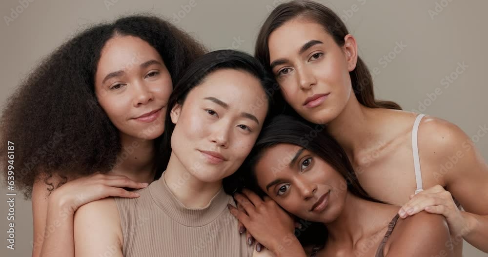 Diversity, beauty and women, portrait and cosmetics with wellness, dermatology and glow on studio background. Different skin, unique and inclusion with model group in a studio, skincare and face Diversity, beauty and women, portrait and cosmetics with wellness, dermatology and glow on studio background. Different skin, unique and inclusion with model group in a studio, skincare and face