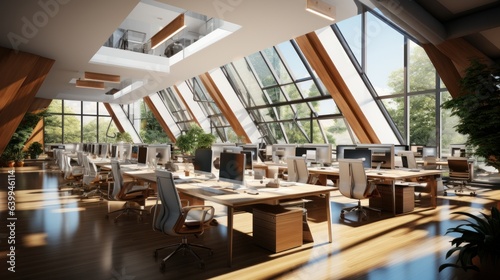 Modern open space office with no employees in luxury building. Concrete floor, large desks, chairs, desktop computers, office supplies. Glass walls with park view.