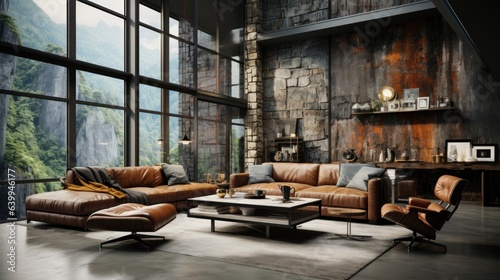 Rustic open space living area interior in luxury apartment. Stone wall  vintage leather couches  armchair and ottoman  coffee table  panoramic windows with forest view.Contemporary home decor.