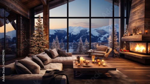 Interior of cozy living room in modern minimalist cottage with Christmas decor. Blazing fireplace  burning candles  elegant Christmas tree  comfortable couch  panoramic window with mountains view.