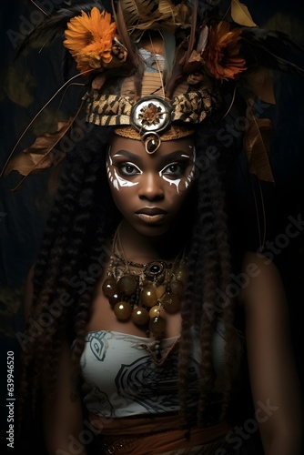 Beautiful African American model in Halloween costume on dark spooky autumn forest background with copy space. Sexy woman with festive coiffure  leaves  extravagant dress and scary tribe makeup