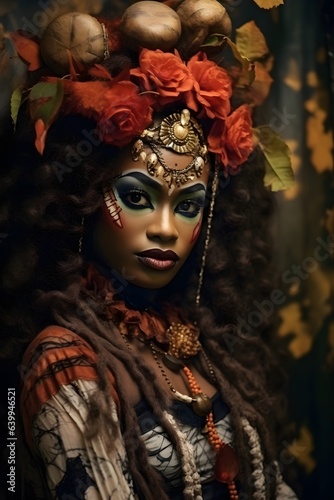 Beautiful African American model in Halloween costume on dark spooky autumn forest background with copy space. Sexy woman with festive coiffure, leaves, extravagant dress and scary tribe makeup