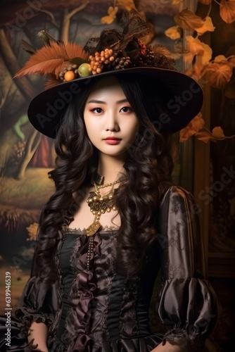 Beautiful Asian model in Halloween costume on dark spooky autumn background with copy space. Sexy woman in top hat, vintage gothic dress and scary makeup