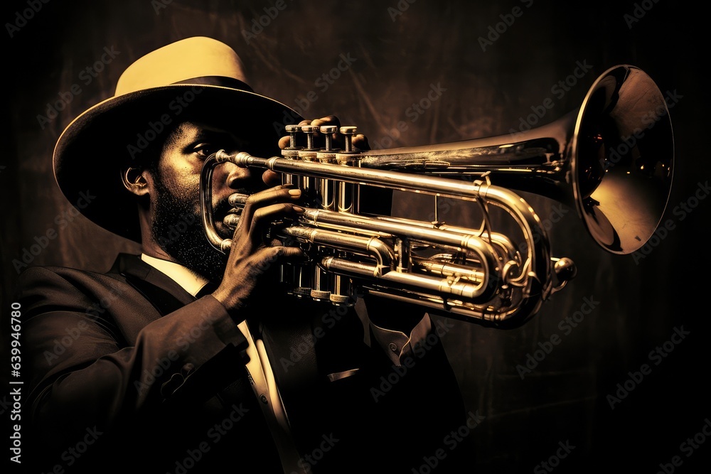 Vintage jazz: Trumpet player, passion, atmospheric bar, dark art, close-up, fun, music, history. Photo generative AI - obrazy, fototapety, plakaty 