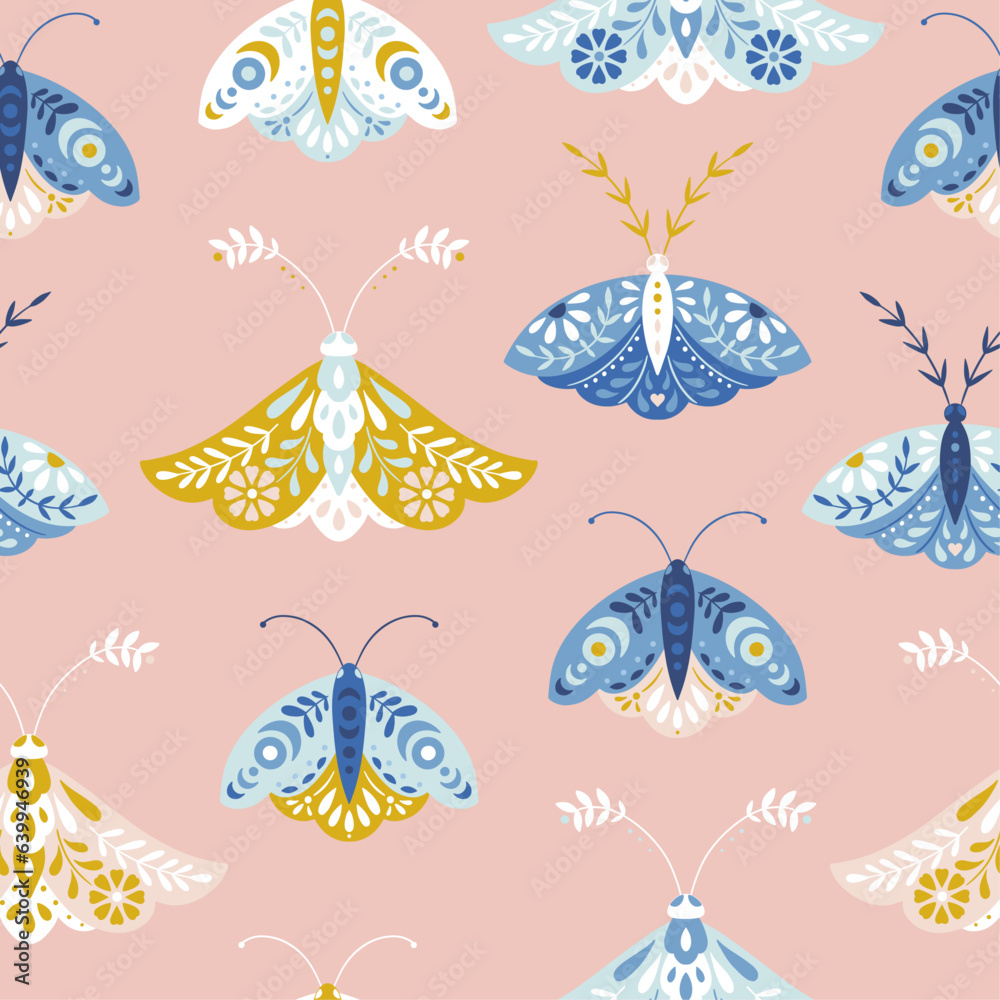 Seamless vector folk moths pattern on pink background
