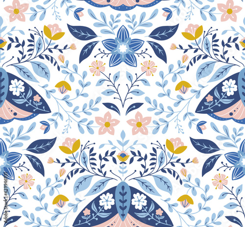 Seamless vector folk art pattern, moths and flowers