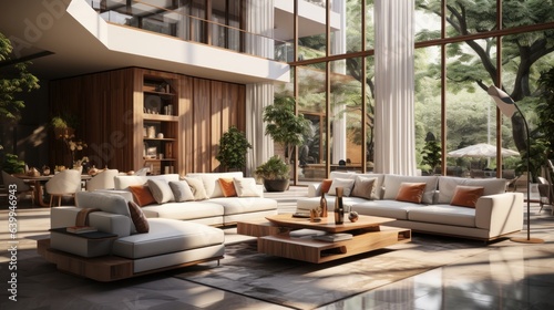 Modern living room interior in luxury open to below house. Glossy floor, large white corner sofa, coffee table, dining area. Floor-to-ceiling windows with garden view. Contemporary home decor. © Georgii