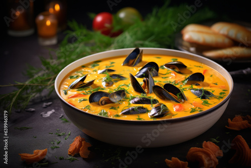 Tasty mussel soup or mussel in a plate on a beautiful background with elements of vegetables.generative ai 