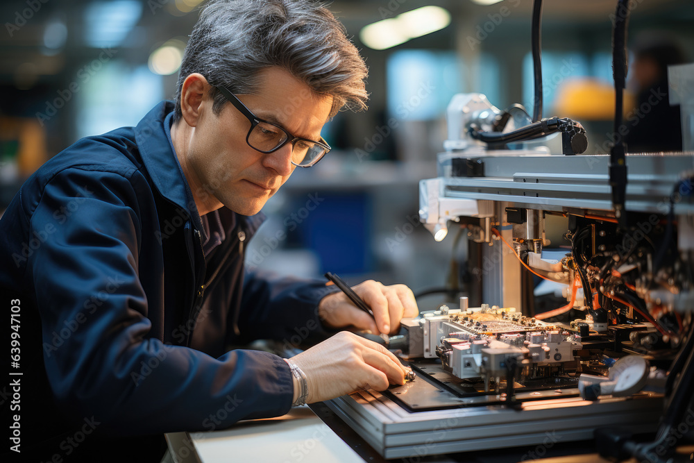 Electronic engineer in glasses works with a hardware parts