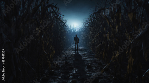 Man standing in the middle of the corn maze path