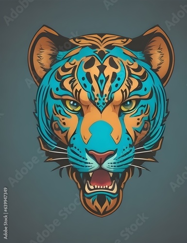 Jaguar face illustration in bold colors. T-shirt graphics & tattoo design.
