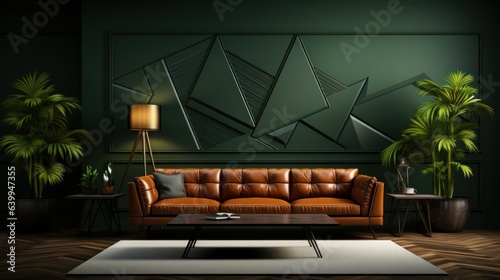 Front view of modern luxury living room. Emerald wall with geometric pattern, hardwood floor, comfortable leather sofa, coffee table, plants in pots, home decor. Mockup, 3D rendering.