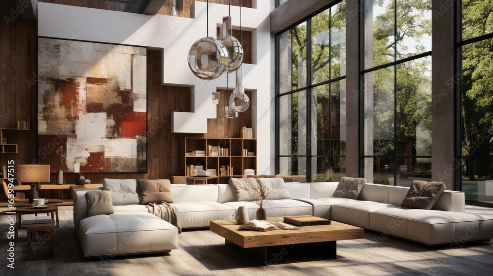 Modern living room interior in luxury house. Large white corner sofa, coffee table, large abstract painting on the wall. Floor-to-ceiling windows with garden view. Contemporary home decor.