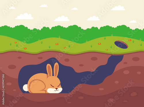 a sleeping rabbit sleeps in a hole. flat vector illustration.