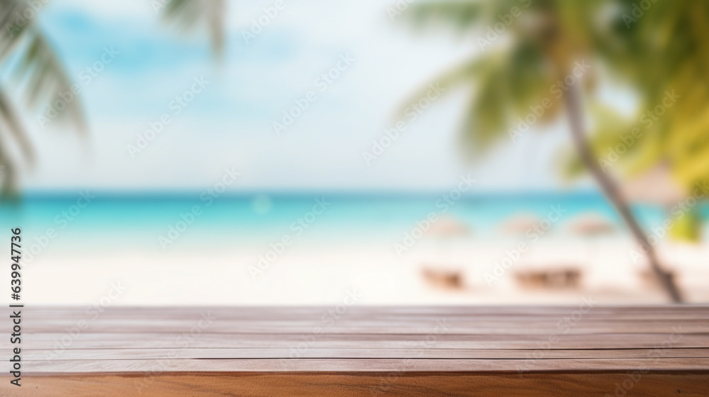 Empty wooden table offers views of the sea, tropical beach and palm leaves. Bokeh light of calm sea and sky at beach district background. Space for displaying products,  showcases, Generative Ai.