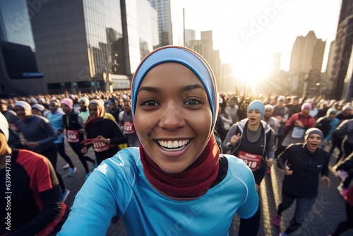 female marathon runner wearing a hijab is taking a selfie