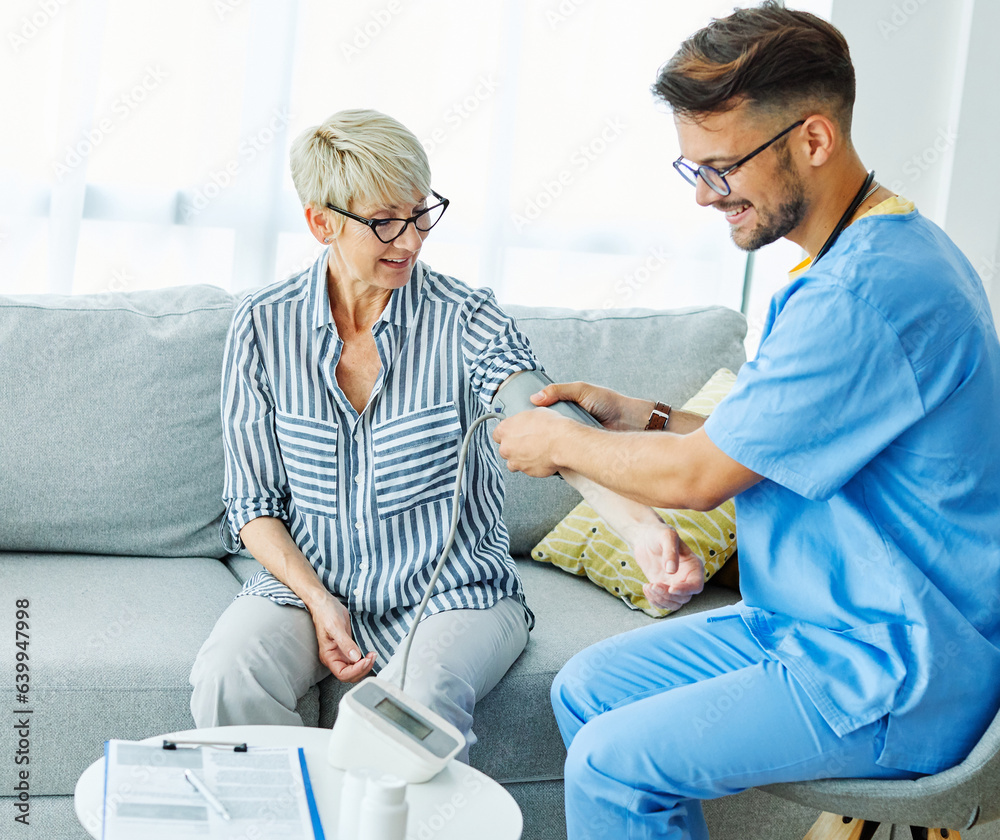 Obraz premium nurse doctor senior care caregiver help check exam blood pressure check pulse retirement home stethoscope nursing elderly man woman health