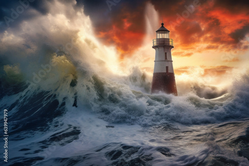 Leuchtturm mit riesigen Wellen im Sturm photo