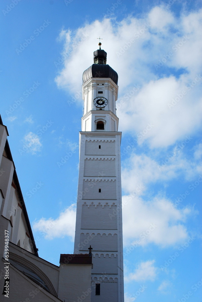 The white church tower of the church of the Assumption of Mary in Landsberg am Lech, Germany