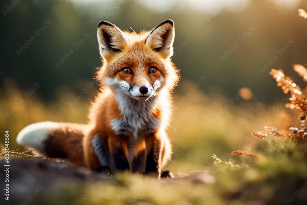 Fototapeta premium portrait of cute red fox cub on grass
