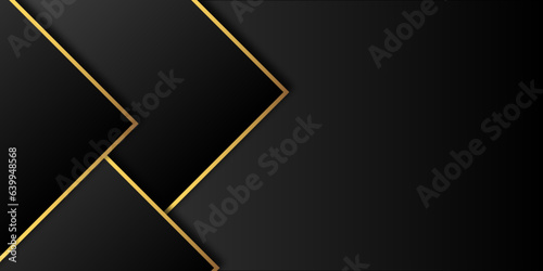 Abstract Premium Black Geometric Overlap Layers with Stripe Golden Line Luxury Style on Dark Background with Copy Space. Modern black dop with golden luxury background