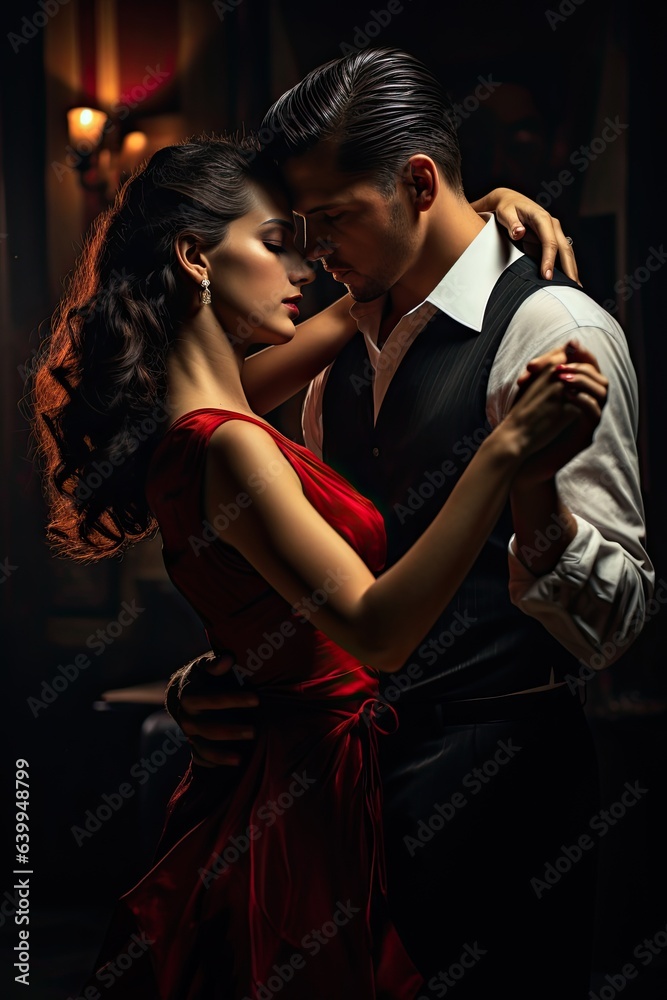 Couple of professional tango dancers in elegant suit and dress pose in a dancing movement on dark background. - obrazy, fototapety, plakaty 
