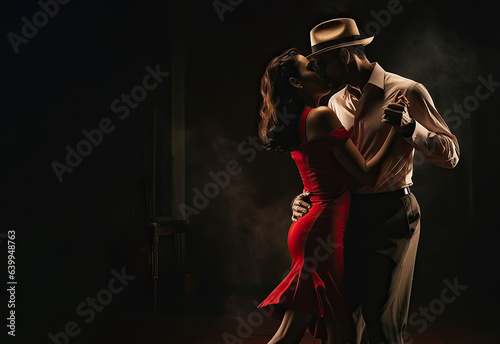 Couple of professional tango dancers in elegant suit and dress pose in a dancing movement on dark background.