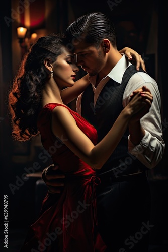 Couple of professional tango dancers in elegant suit and dress pose in a dancing movement on dark background.