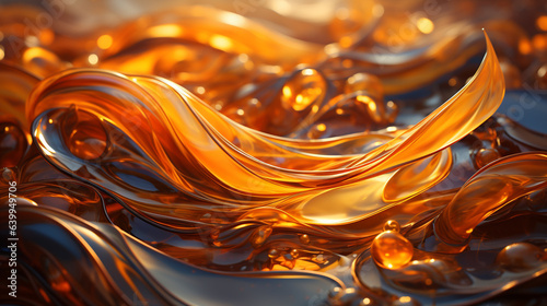 Liquid gold flows like a river current, there are small waves. Liquid gold flows like a river current, there are small waves. Small splashes of golden liquid spread.