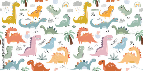 Seamless pattern with different types of cute dinosaurs, background useful for wallpaper, nursery, textile, wrapping paper © lilett
