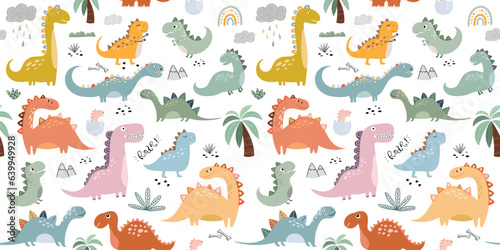 Seamless pattern with different types of cute dinosaurs, background useful for wallpaper, nursery, textile, wrapping paper