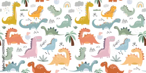 Obraz Seamless pattern with different types of cute dinosaurs, background useful for wallpaper, nursery, textile, wrapping paper