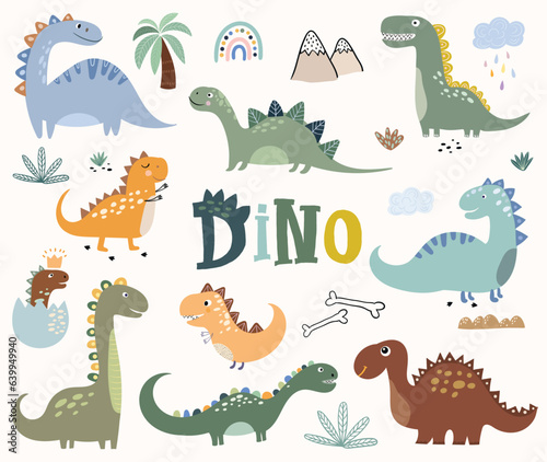 Funny dinosaurs collection with different types of cute animals  vector illustration isolated on white background