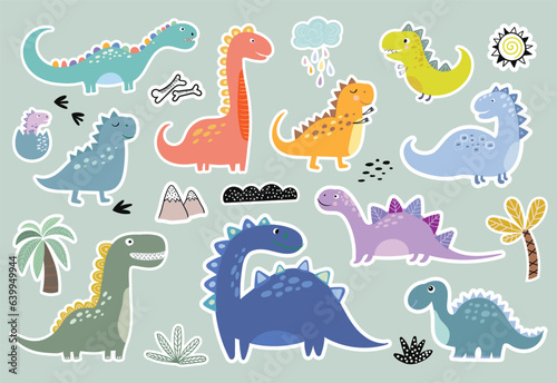  Decorative stickers collection with different types of cute and funny dinosaurs, vector design for kids © lilett