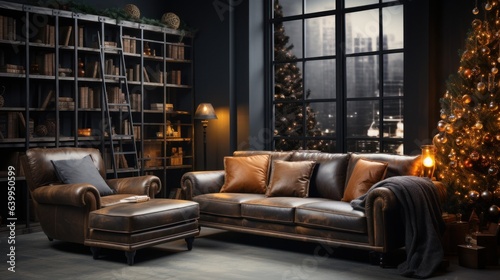 Modern classic living area interior in luxury apartment with Christmas decor. Leather sofa and armchair, coffee table, bookcase, elegant Christmas tree, large windows.Contemporary home decor. © Georgii