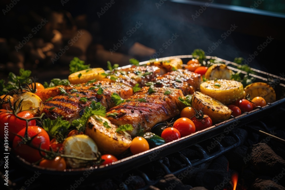 Appetizing grilled fish with grilled vegetables