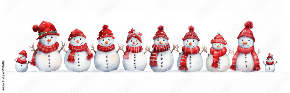Cartoon of Cute snowmen rejoice in winter holidays. Seamless border. Christmas background. Snowmen in red winter clothes under the snow. Cartoon of Cute snowmen rejoice in winter holidays. Seamless border. Christmas background. Snowmen in red winter clothes under the snow.