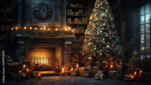 Interior of luxury classic living room with Christmas decor. Blazing fireplace, garlands and burning candles, elegant Christmas tree, gift boxes, bookcase. Christmas and New Year celebration concept.