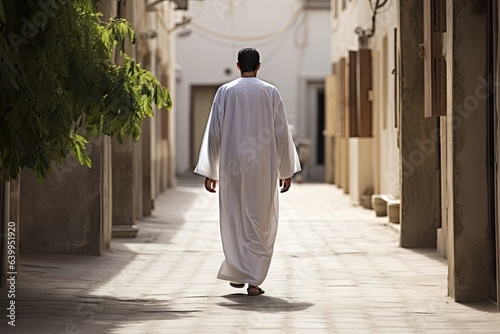 a muslim man in traditional white clothes walking © DailyLifeImages