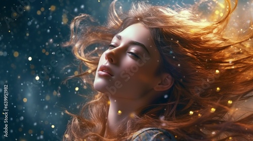 A woman with drops of Jupiter in her hair.Generative AI