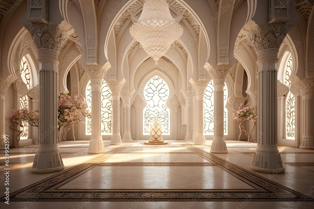 beautiful interior of a white empty masjid