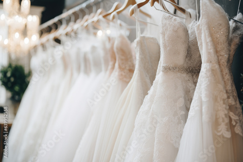 Luxury elegant bridal dress on hangers. Beautiful white wedding dresses hanging on hanger in bridal shop boutique salon. Closeup